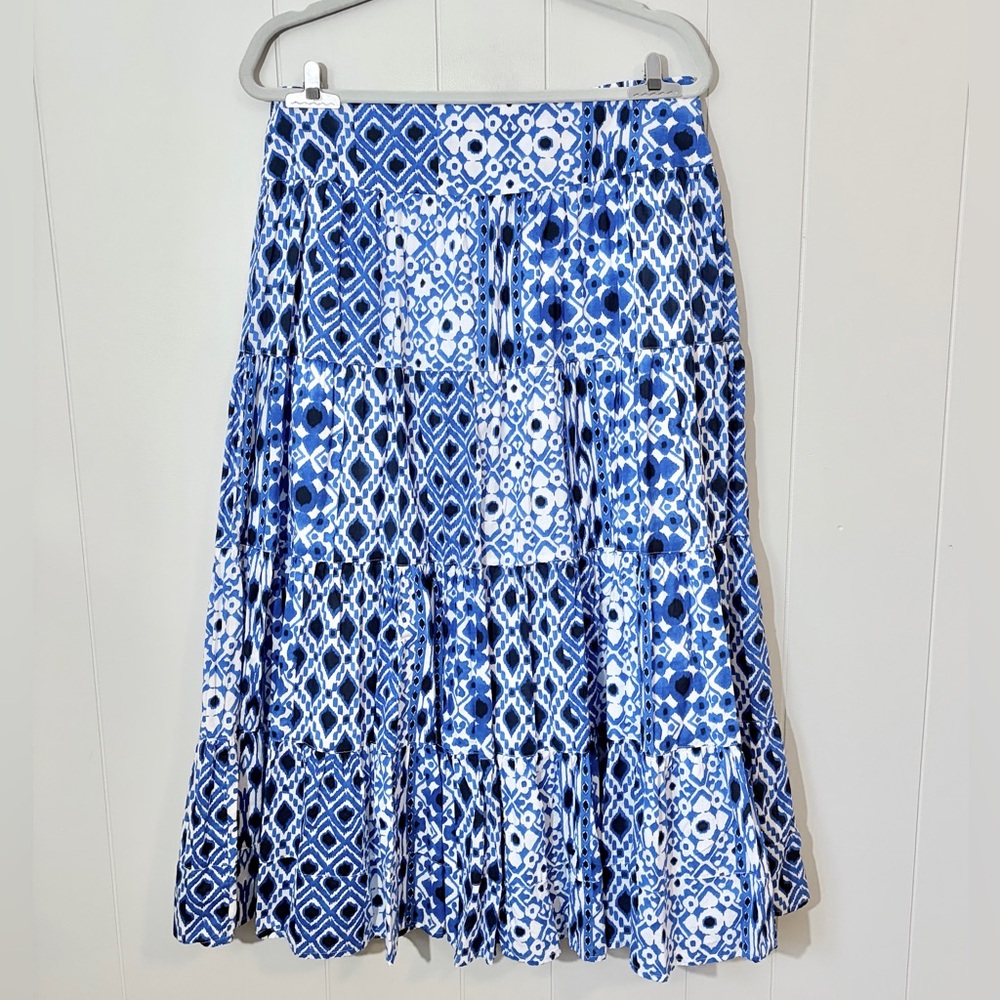 Jones New York Maxi Skirt Blue White 100% Cotton Coastal Patchwork Resort 10P